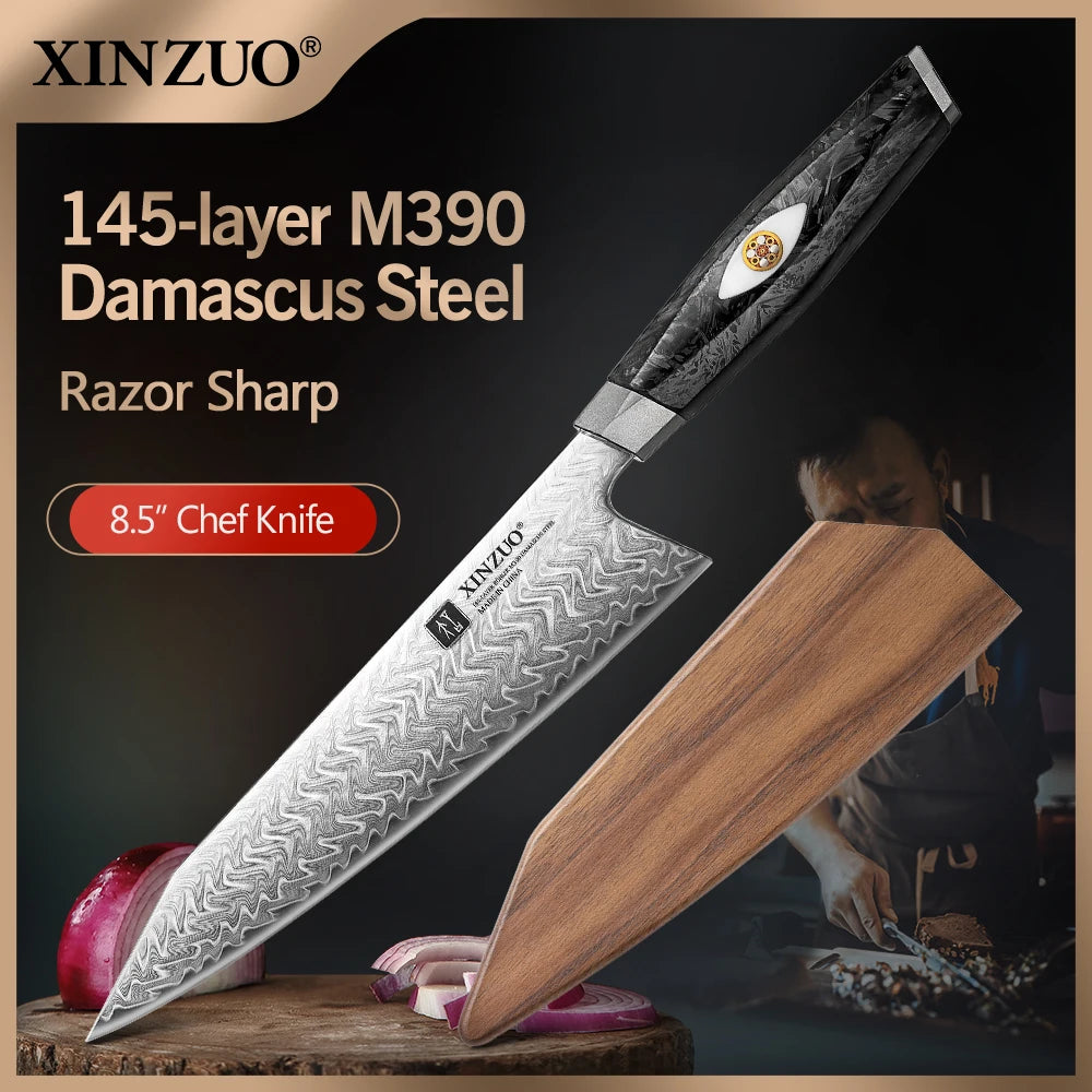 XINZUO 8.46" Damascus Chef Knife | 145-Layer M390, 62HRC Damascus Chef Knife Axl