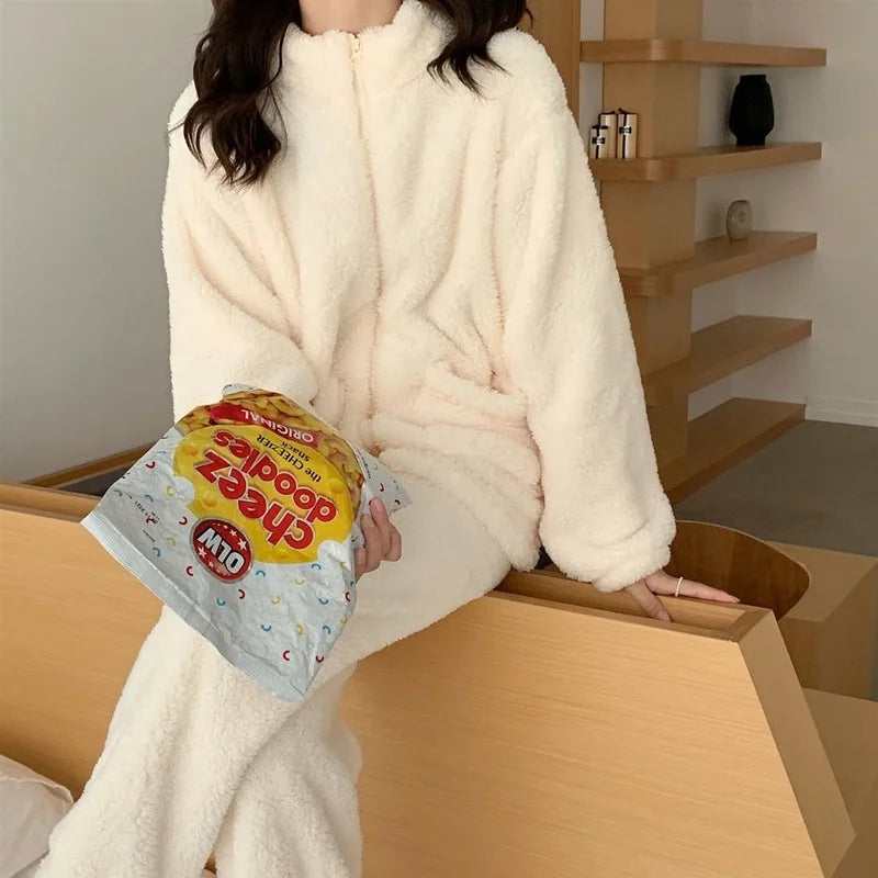Women's Winter Fleece Pajama Set – Zip-Up Turtleneck Sleepwear Women's Pajama Set Axl
