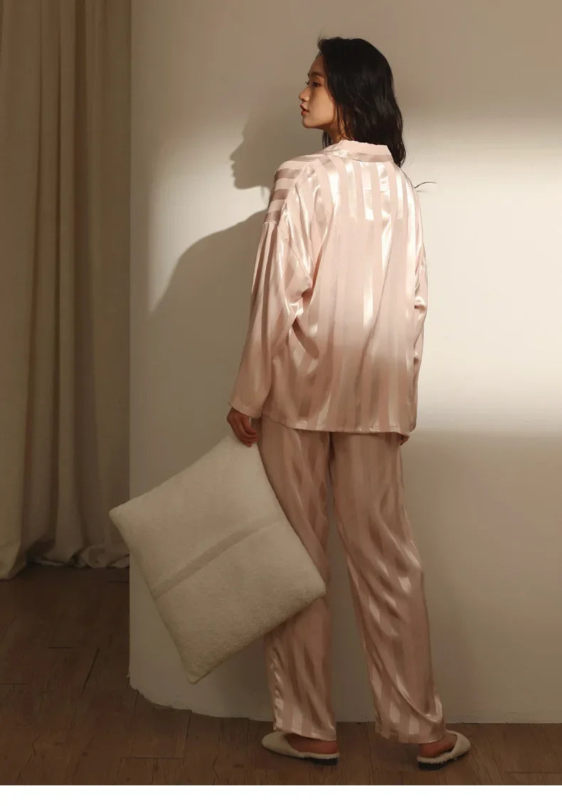 Women's Ice Silk Striped Pajama Set – Long Sleeve Sleepwear Women's Pajama Set Axl