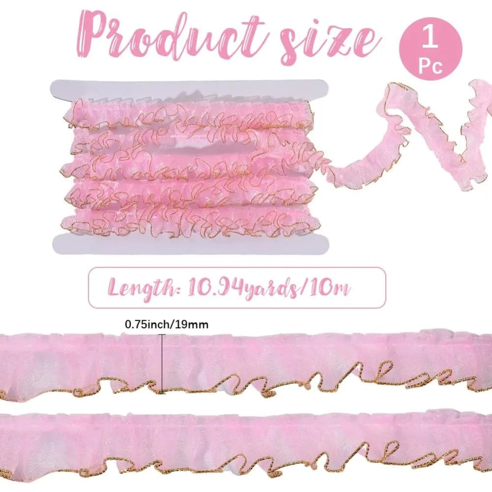Pink Organza Pleated Ruffle Ribbon 10M | Glitter Trim 19–23mm Craft Ribbon Trim Axl