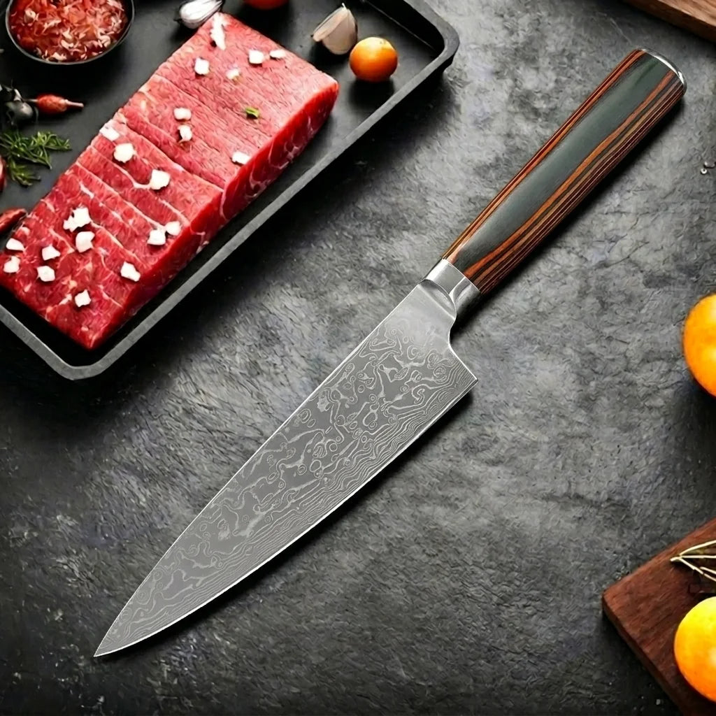 Damascus Steel Chef Knife – Sharp 14.5cm Blade, Wood Handle Damascus Chef Knife Axl