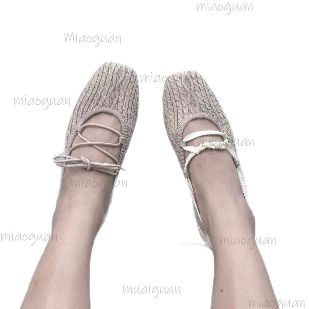 Women's Knit Ballet Flats – Square Toe Cross Strap Lace-Up Ballet Flats Axl