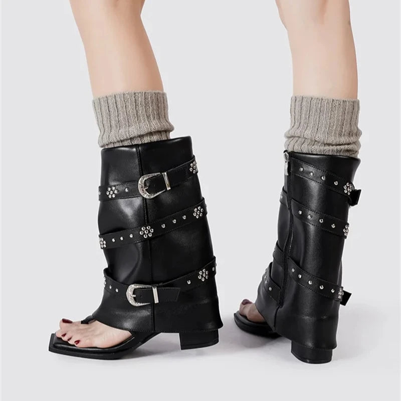 Women's Punk Ankle Boots | Square Toe High Heel Buckle Strap Punk Ankle Boots Axl Black 42