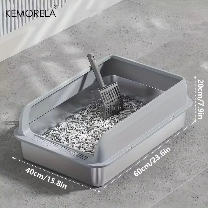 KEMORELA XL Stainless Steel Cat Litter Box with Lid & Scoop Cat Litter Box Axl Light Gray XL S