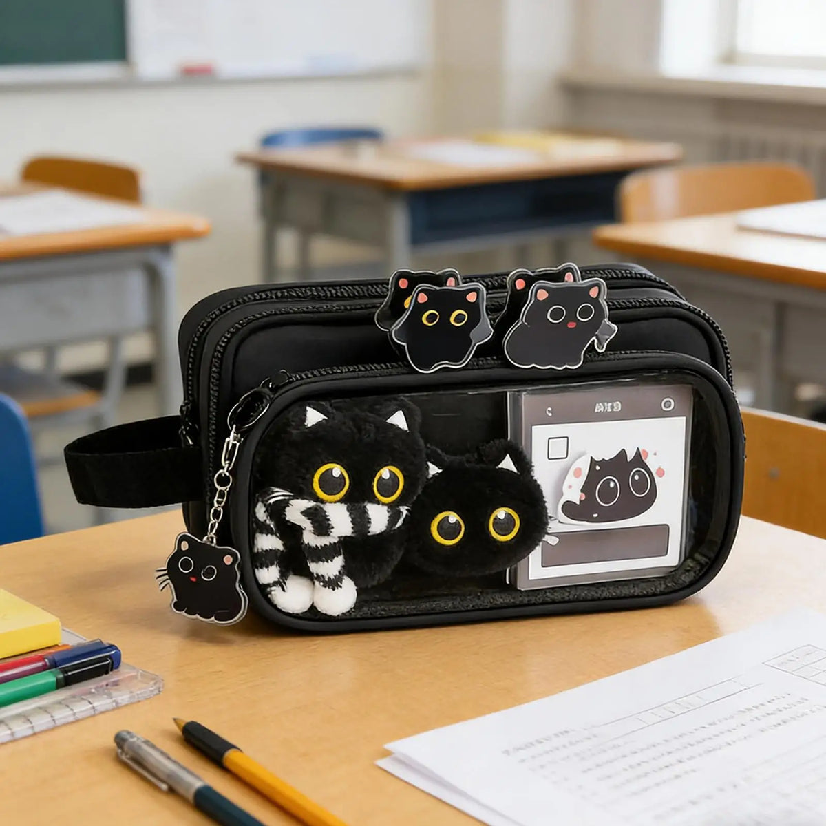 10-Layer Black Cat Pencil Case Set with Sticky Notes & Gel Pens Pencil Case Set Axl