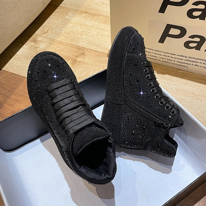 Women's Rhinestone Platform Sneakers – Shiny Lace-Up Casual Shoes Platform Sneakers Axl