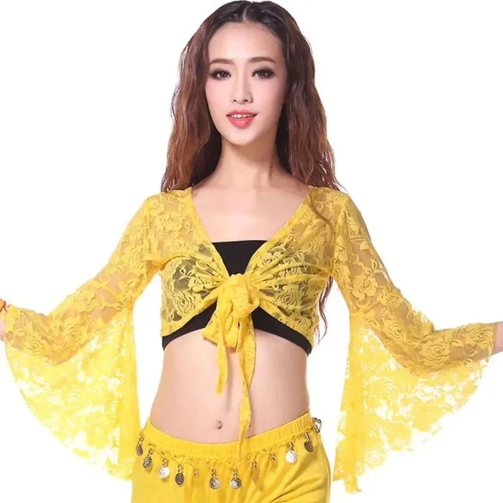 Women's Belly Dance Lace Shrug – Long Sleeve Cardigan Cover Up Dance Lace Shrug Axl Yellow
