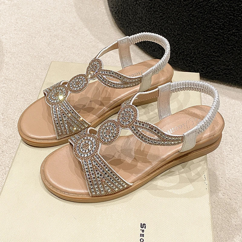 Women's Rhinestone Flat Sandals – Elastic Strap Beach Summer Shoes Flat Sandals Axl