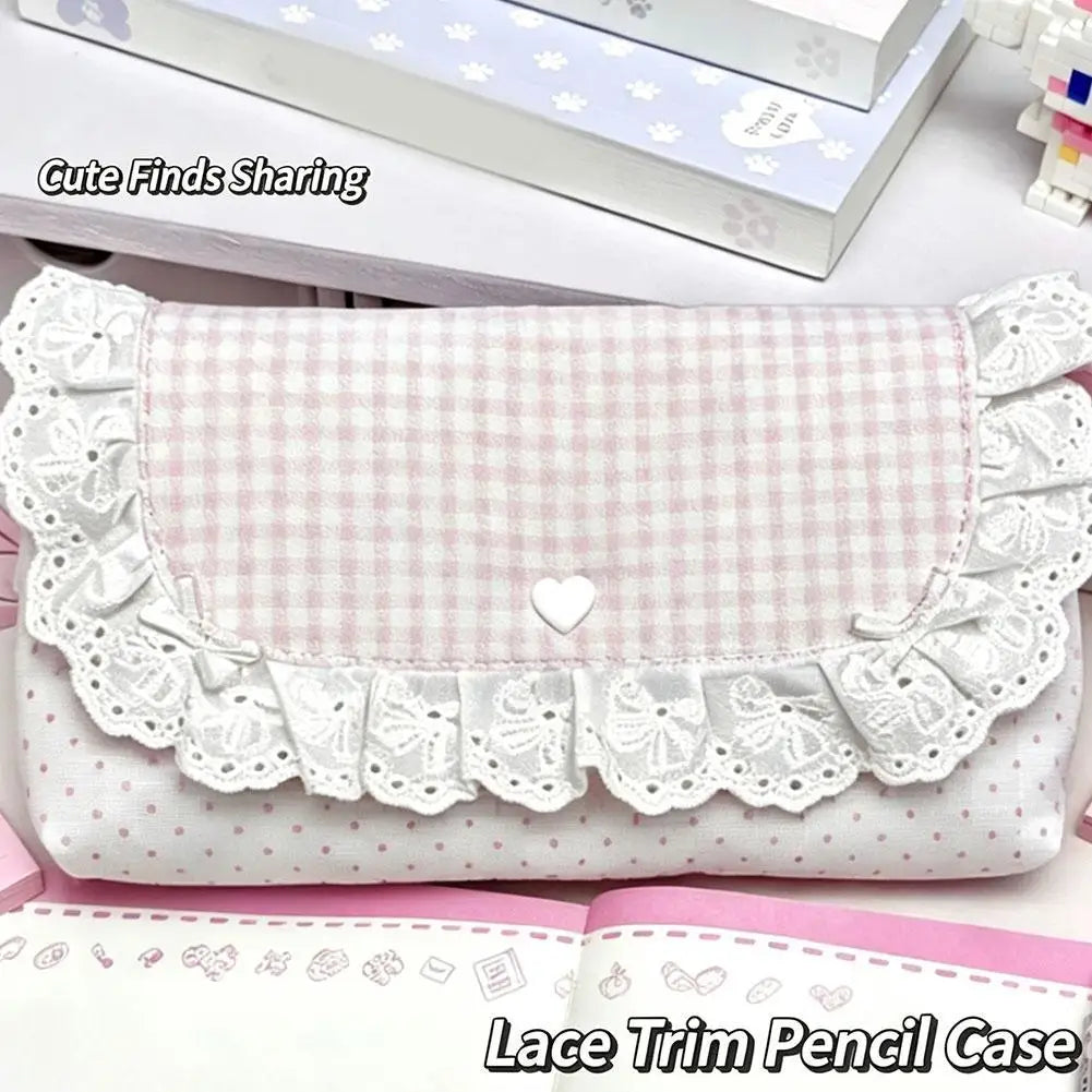 Pink Lace Pencil Case | Large Capacity Polka Dot Pen Bag Pencil Case Axl