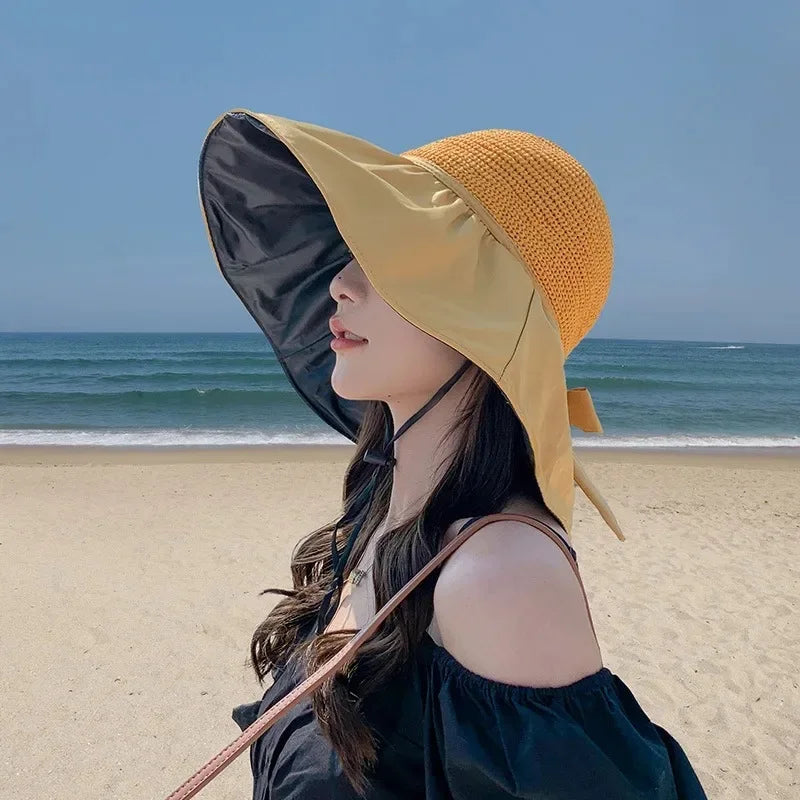 Women's Wide Brim Straw Bucket Hat – UV Sun Protection Wide Brim Sun Hat Axl