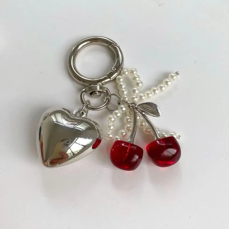 3D Crystal Cherry Keychain – Pearl Bow Heart Pendant Keyring Fashion Keychain Axl Red