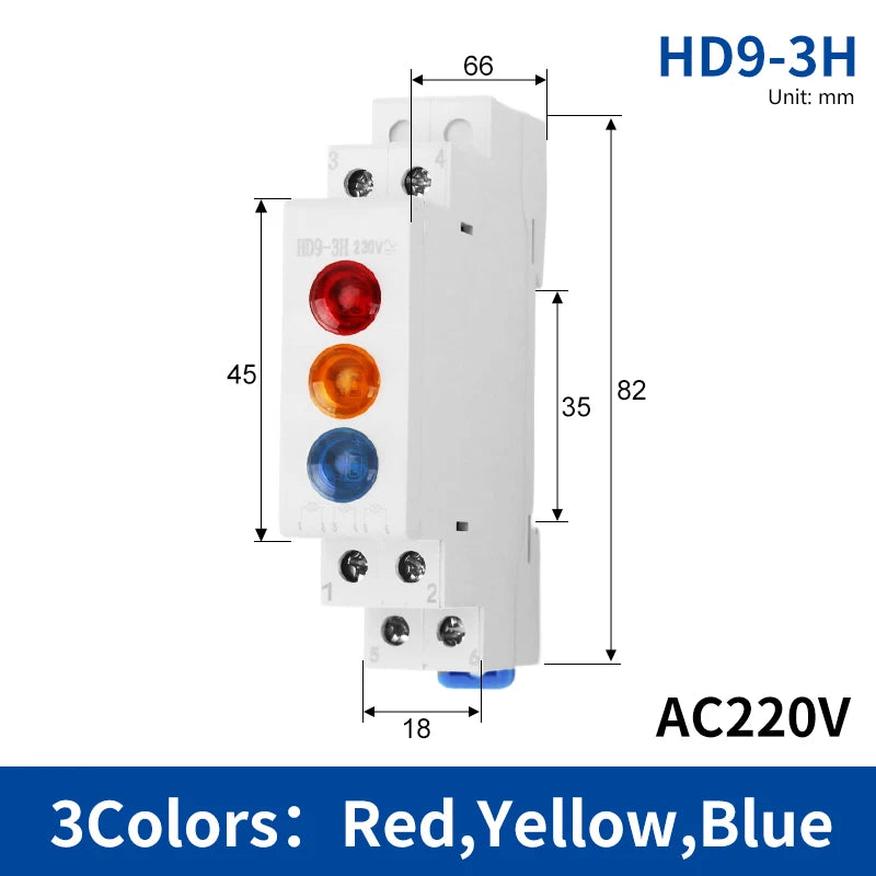 HD9 DIN Rail LED Signal Indicator Light 9mm 18mm 220V – 4 Colors LED Indicator Light Axl 3H-Red-Yellow-Blue