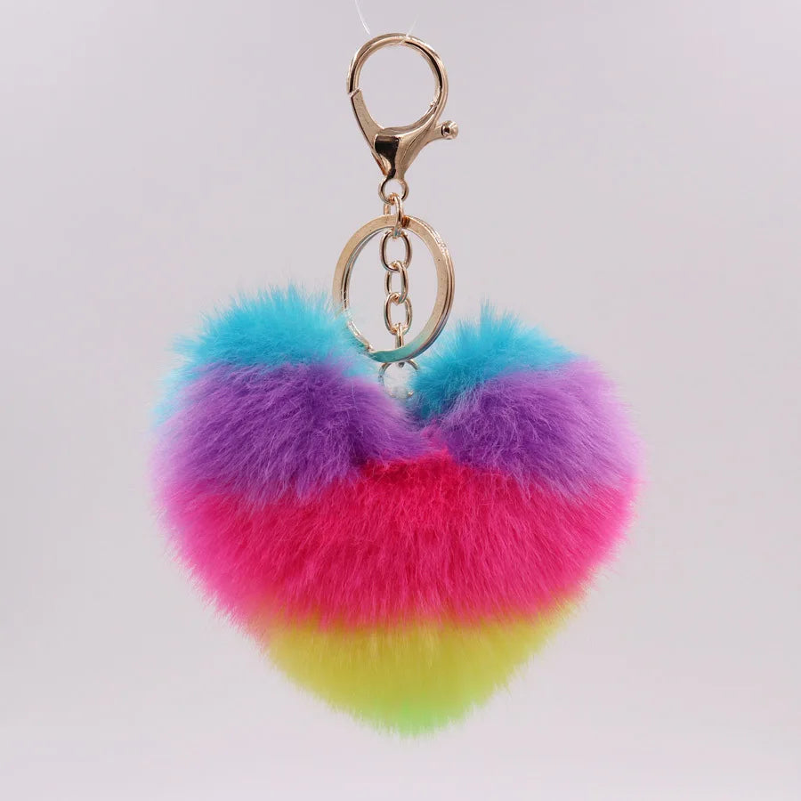 Fluffy Faux Fur Heart Keychain – Colorful Women's Bag Charm Fur Pompom Keychain Axl A