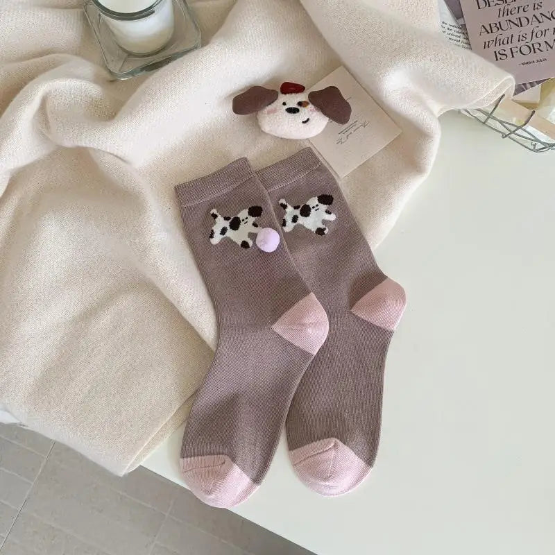 Cute Women's Puppy Socks – Animal Print Cotton Mid-Tube & Fur Ball Novelty Women's Socks Axl One Size Coffee