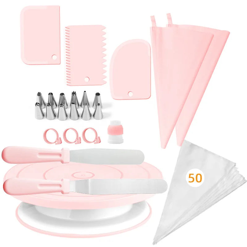 74-Piece Cake Decorating Kit – Turntable, Tips & Piping Bags Cake Decorating Kit Axl Pink