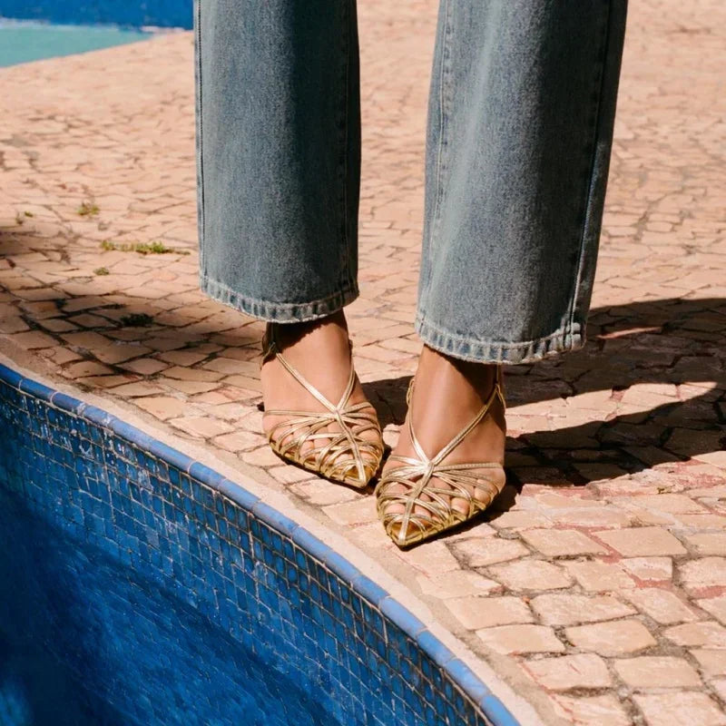 Women's Gold Pointed Toe High Heel Sandals | Ankle Strap Pumps High Heel Sandals Axl