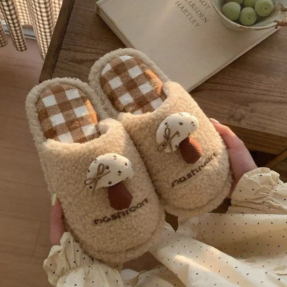 Lorilury Women's Fluffy Mushroom Slippers | Warm Winter Slides Plush Slide Slippers Axl Khaki 40-41