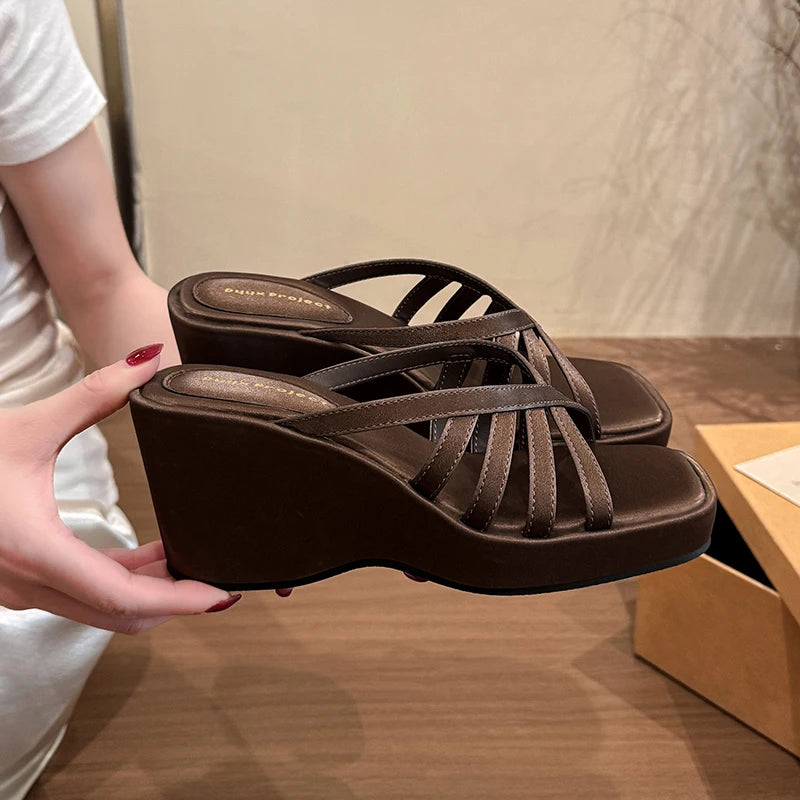 Women's Wedge Platform Slippers – Open Toe Slip-On Slides Wedge Platform Slippers Axl Brown 35