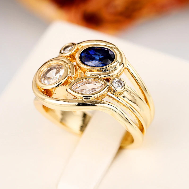 Huitan Wave Ring Women – White & Blue CZ Wedding Band CZ Fashion Ring Axl