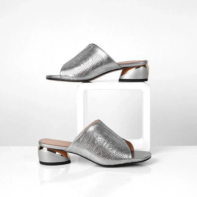 Women's PU Square Heel Slide Sandals – Silver & Gold Summer Heeled Slide Sandals Axl