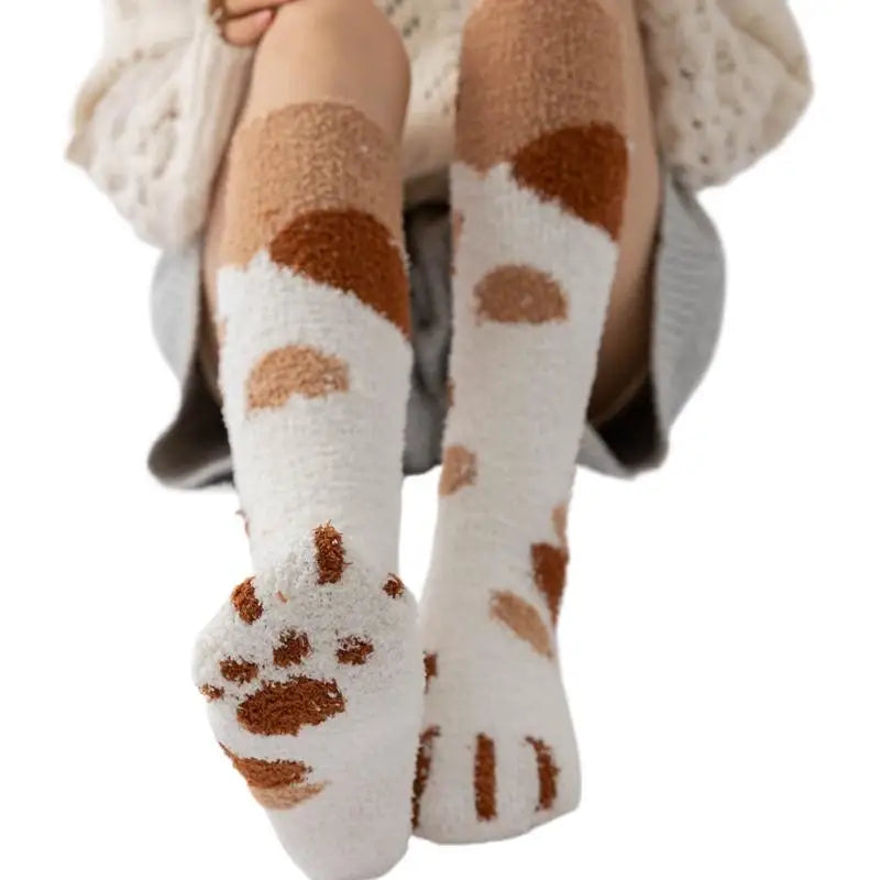 Cat Paw Plush Over-The-Knee Socks – Thick Warm Winter Stockings Plush Winter Socks Axl C One Size