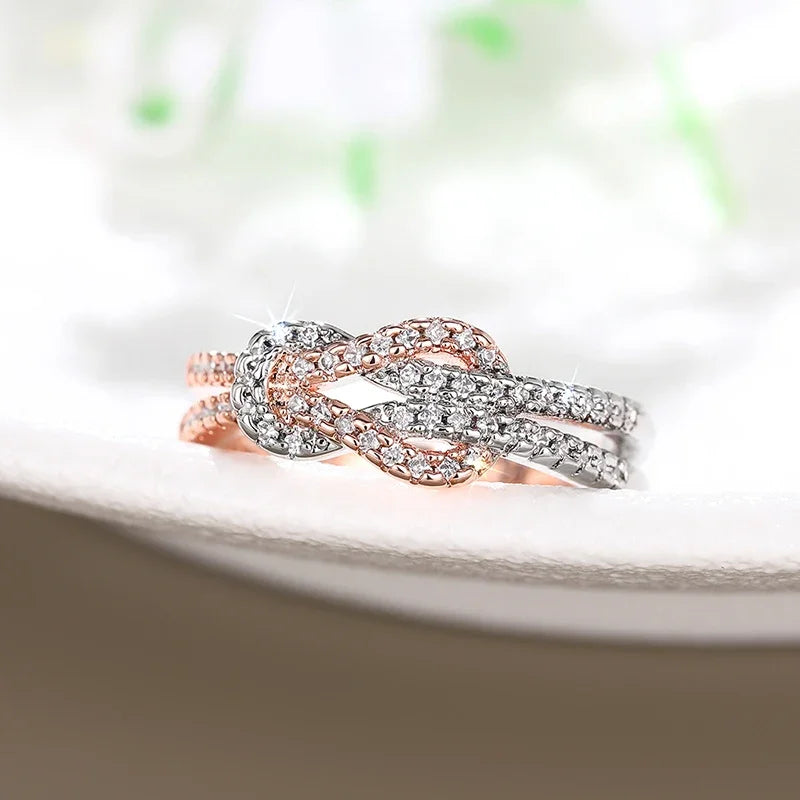 Huitan Two-Tone Twisty Knot CZ Ring – Women's Wedding Band Fashion Ring Axl