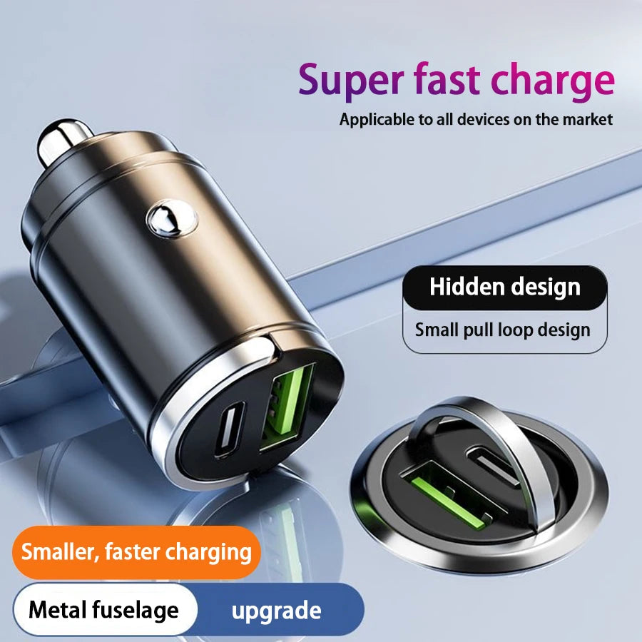 Hidden Mini Car Charger USB & USB-C Fast Charge Pull Ring Car Charger Axl