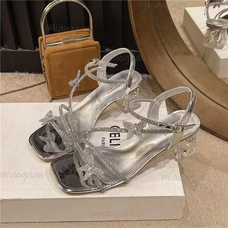 Crystal Butterfly Block Heel Sandals – Rhinestone Party Pumps Block Heel Sandals Axl