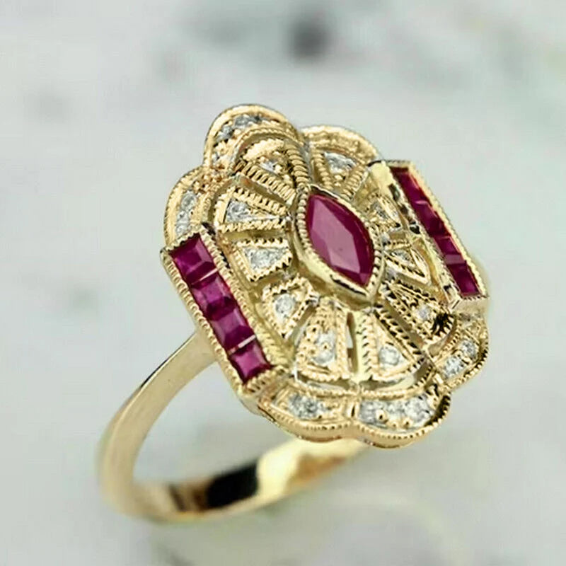 Huitan Red CZ Gold-Tone Vintage Ring for Women | Sizes 5–14 Fashion Ring Axl