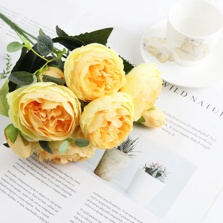 Silk Peony Bouquet – Artificial Flowers for Wedding & Home Decor Artificial Flower Bouquet Axl yellow