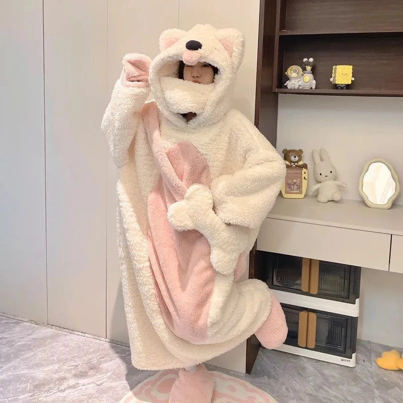 Cute Dog Cartoon Women's Fleece Hooded Pajama Set | Warm & Cozy Women's Fleece Pajamas Axl