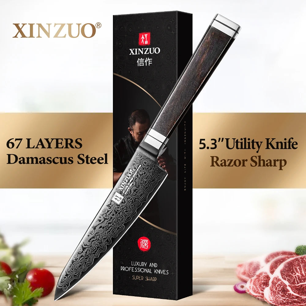 XINZUO 5.3" 67-Layer Damascus Steel Utility Knife | Gift Box Damascus Utility Knife Axl