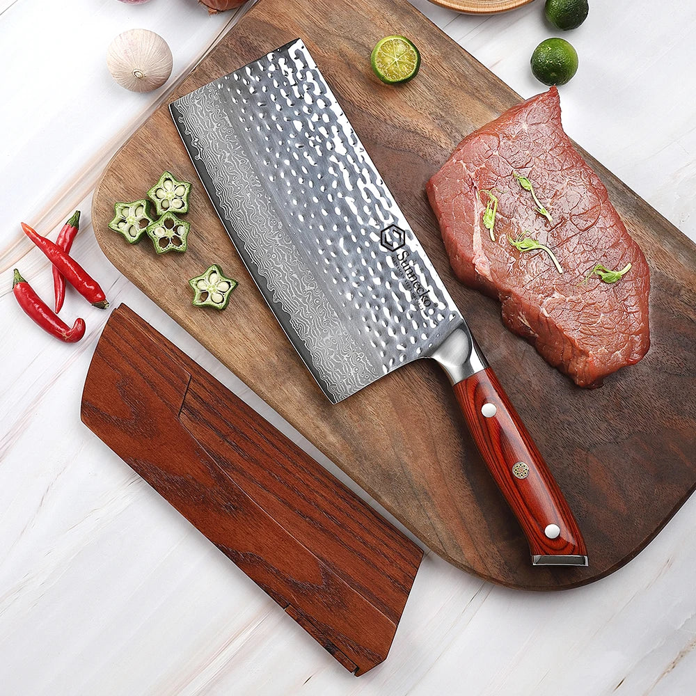 Sunnecko 7" Damascus Steel Cleaver Knife | Pakkawood Handle Damascus Cleaver Knife Axl