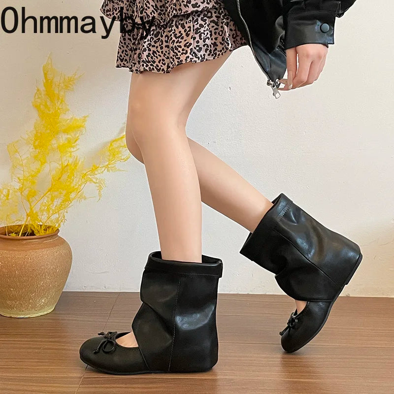 Women's Vintage Suede Mid-Calf Booties Butterfly-Knot Wedge Mid-Calf Wedge Booties Axl