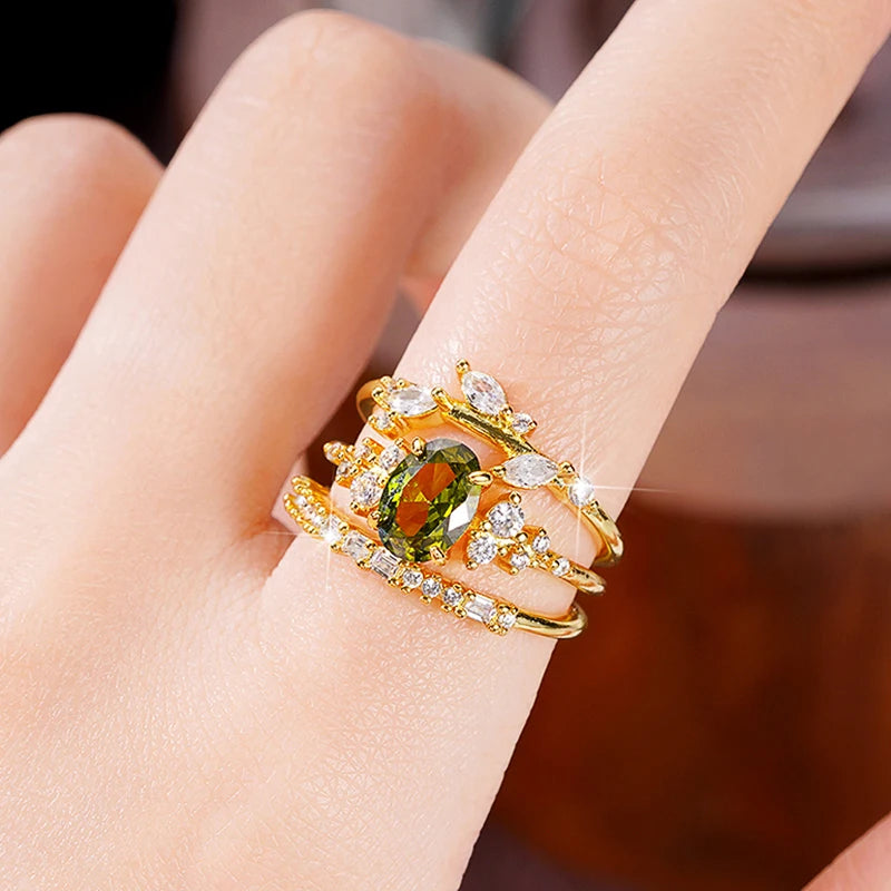 Huitan 3-Piece Olive Green CZ Gold Bridal Ring Set for Women Bridal Ring Set Axl