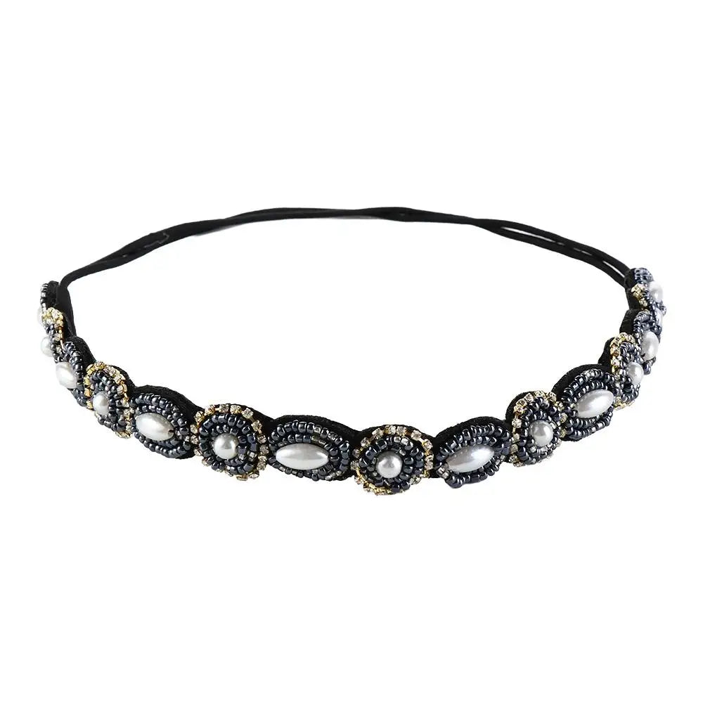 Rhinestone Beaded Headband – Bohemian Elastic Hair Band for Women Beaded Headband Axl grey