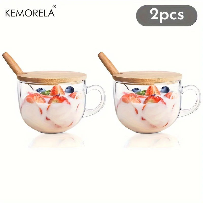KEMORELA 400ml Glass Overnight Oats Cup with Lid & Spoon Glass Breakfast Cup Axl 2PCS 301-400ml