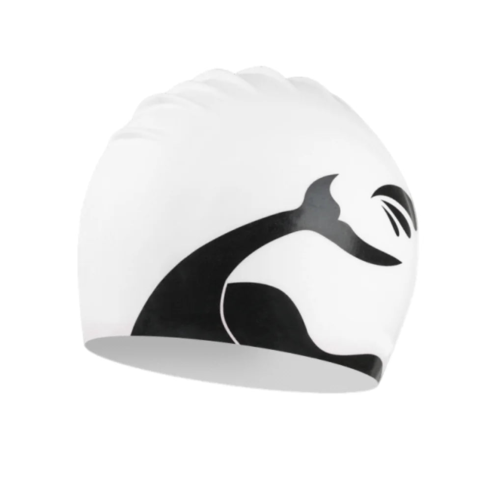 Plus Size Silicone Swim Cap – Printed, Waterproof & Ear Guard Silicone Swim Cap Axl White black fishtail