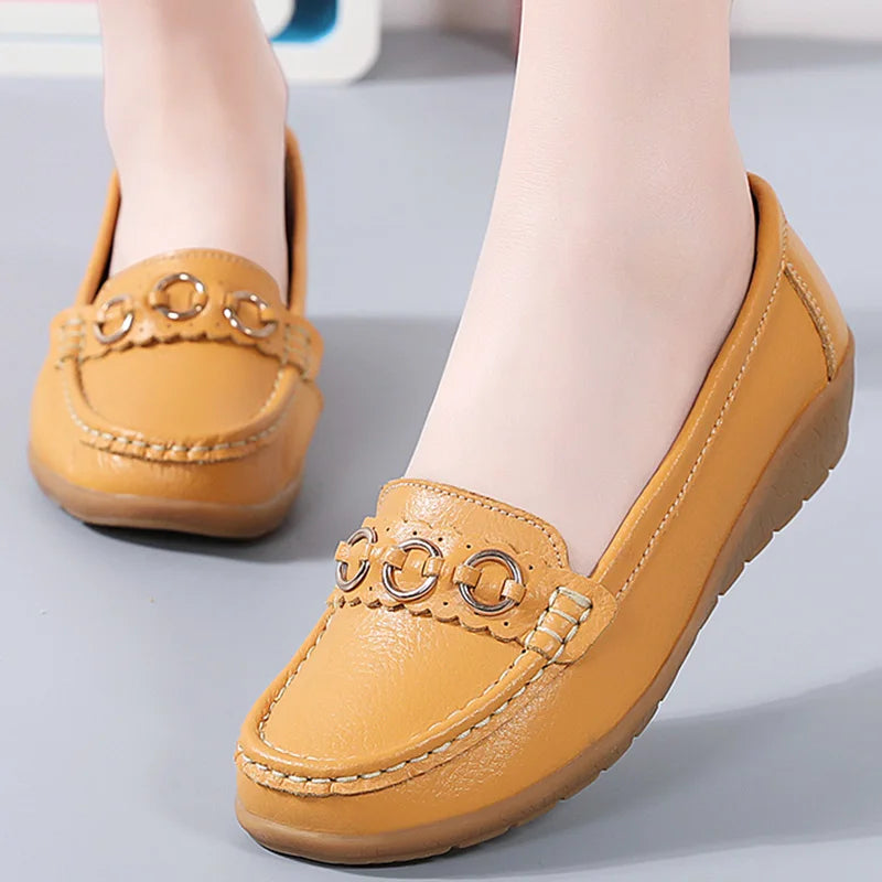 HAJINK Women's Leather Slip-On Loafers – Low Wedge Flat Shoes Women's Flat Loafers Axl