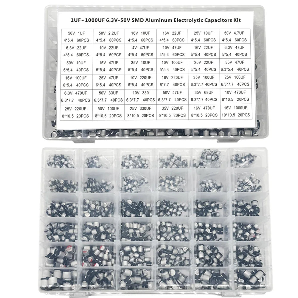 1500PCS SMD Electrolytic Capacitor Kit – 36 Values 1µF–1000µF Capacitor Assortment Kit Axl