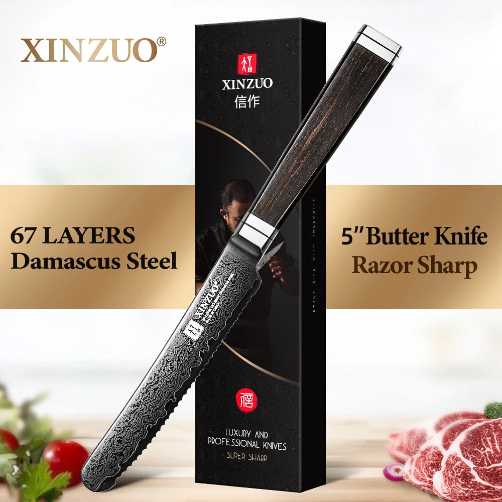 XINZUO 5" Damascus Steel Butter Knife – Ebony Wood Handle Damascus Butter Knife Axl Default Title