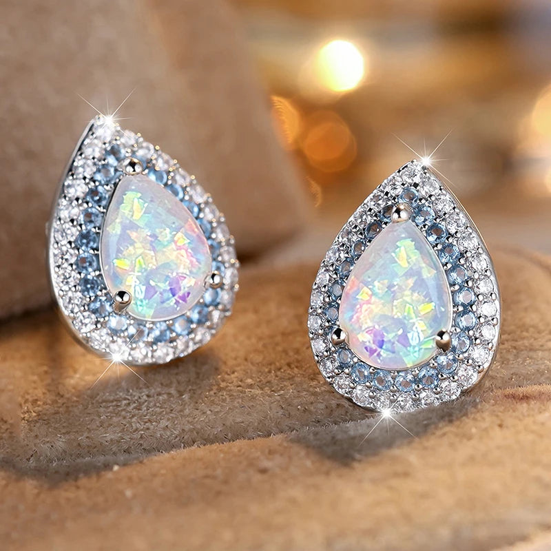 Huitan Opal Teardrop Stud Earrings – Bohemian CZ Women's Studs Stud Earrings Axl