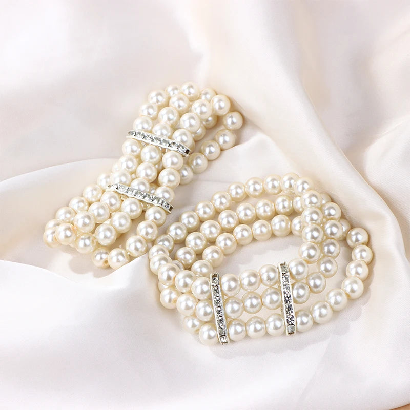3-Row Pearl Rhinestone Stretch Bracelet | Multilayer Bangle Pearl Beaded Bracelet Axl