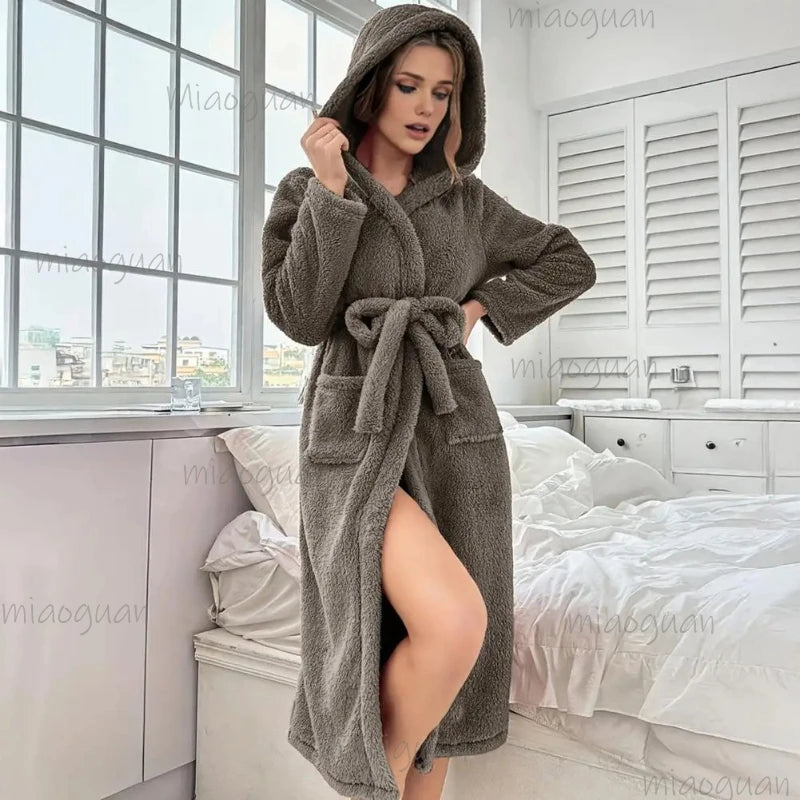 Women's Plush Hooded Fleece Bathrobe with Belt & Pockets Plush Hooded Robe Axl