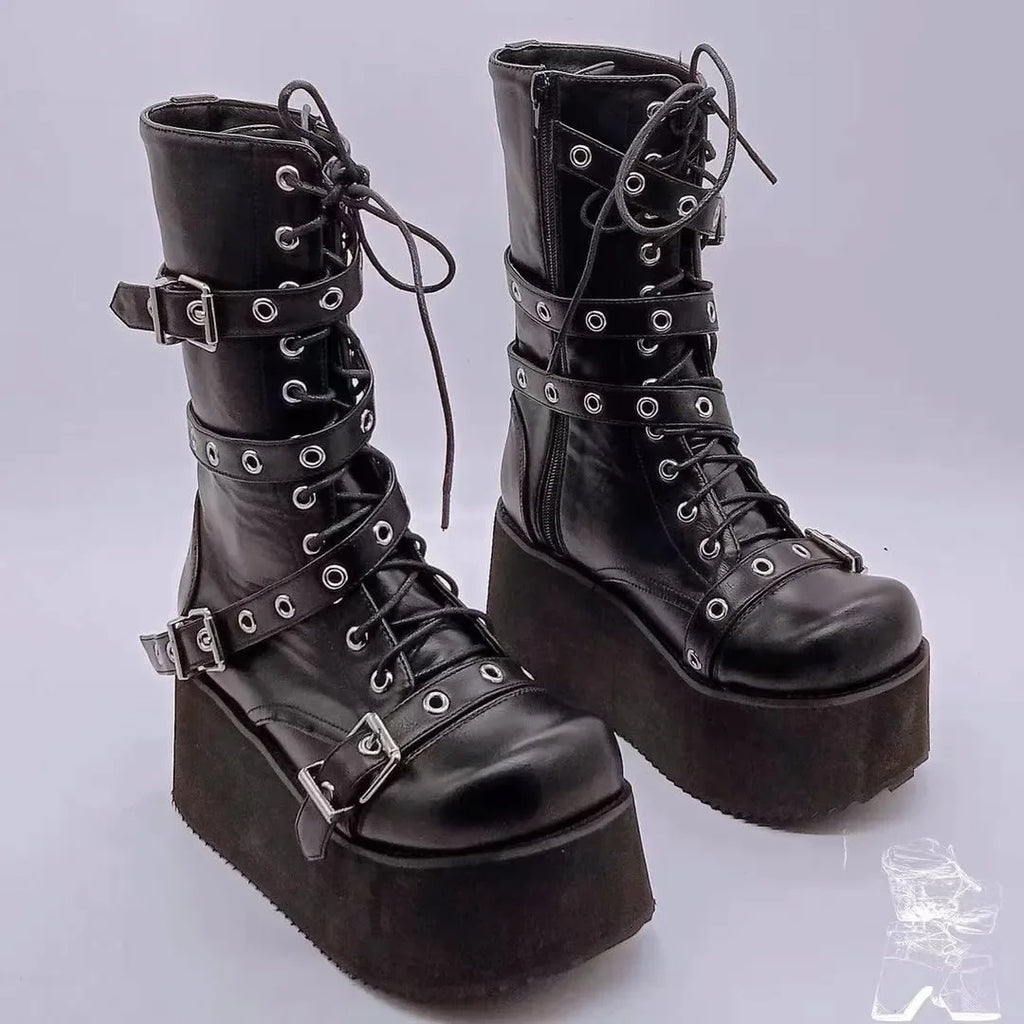 Women's Plus Size Punk Goth Combat Boots – Wedge Buckle Lace-Up Women's Combat Boots Axl