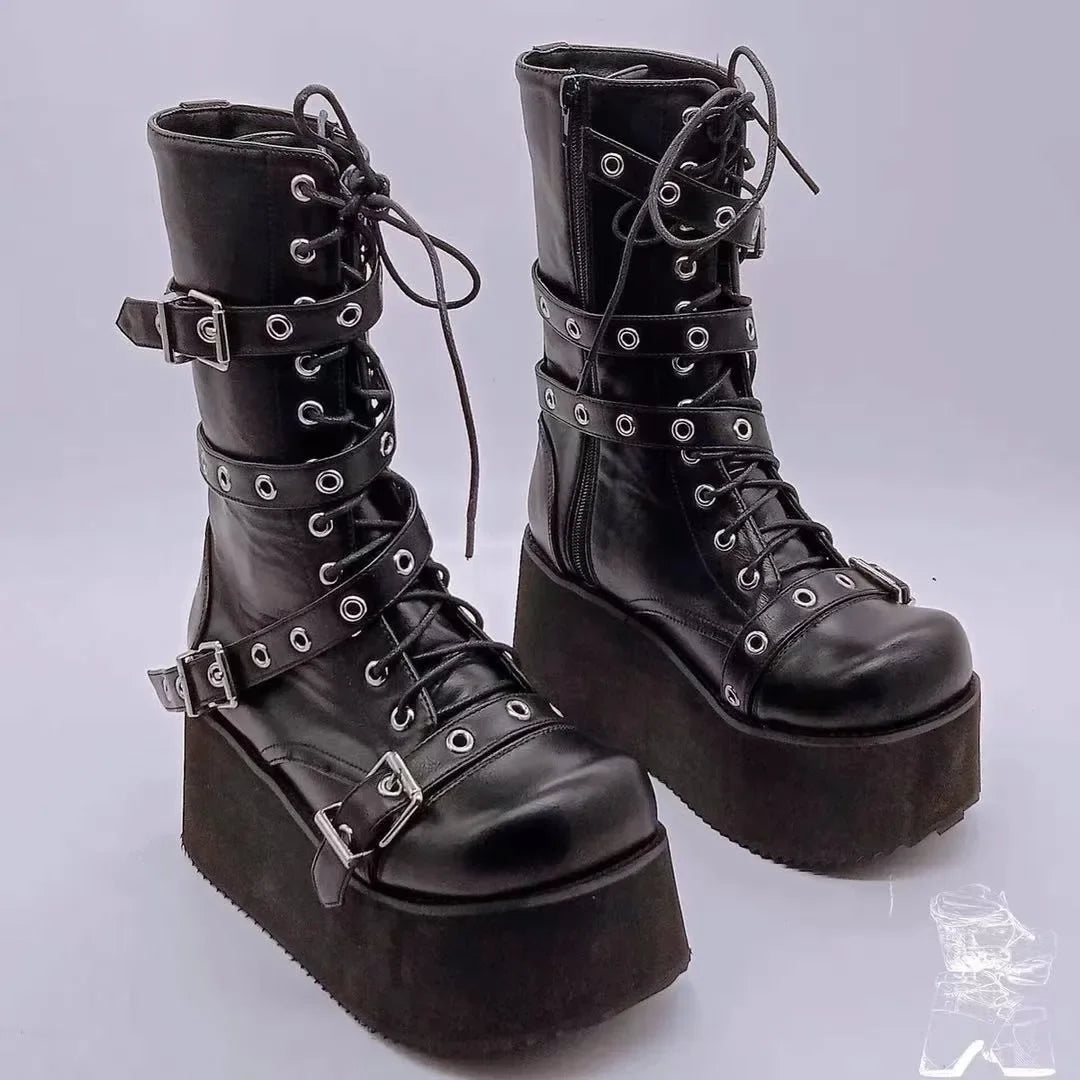 Women's Plus Size Punk Goth Combat Boots – Wedge Buckle Lace-Up Women's Combat Boots Axl