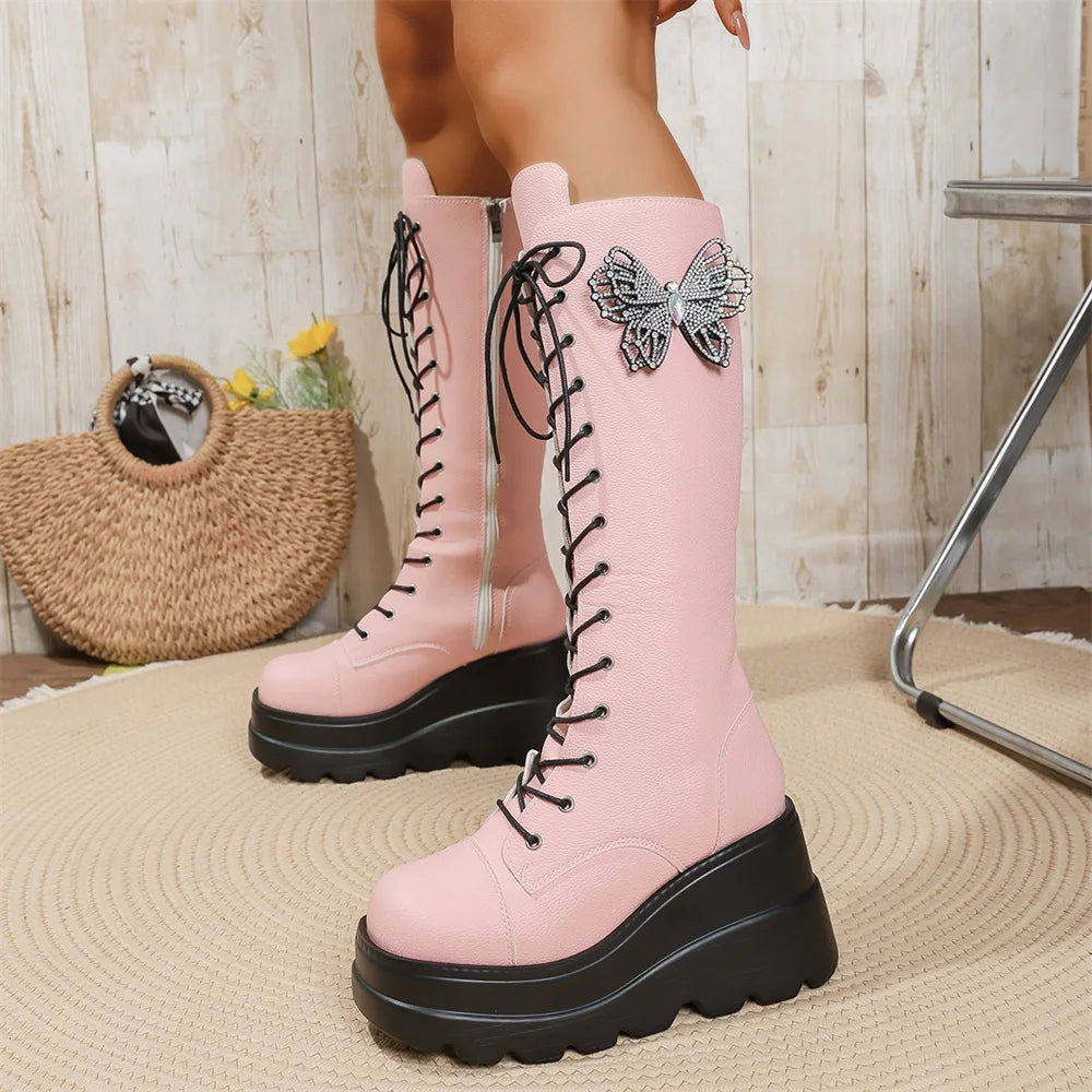 Y2K Pink Butterfly Knee-High Platform Wedge Boots Women Platform Wedge Boots Axl