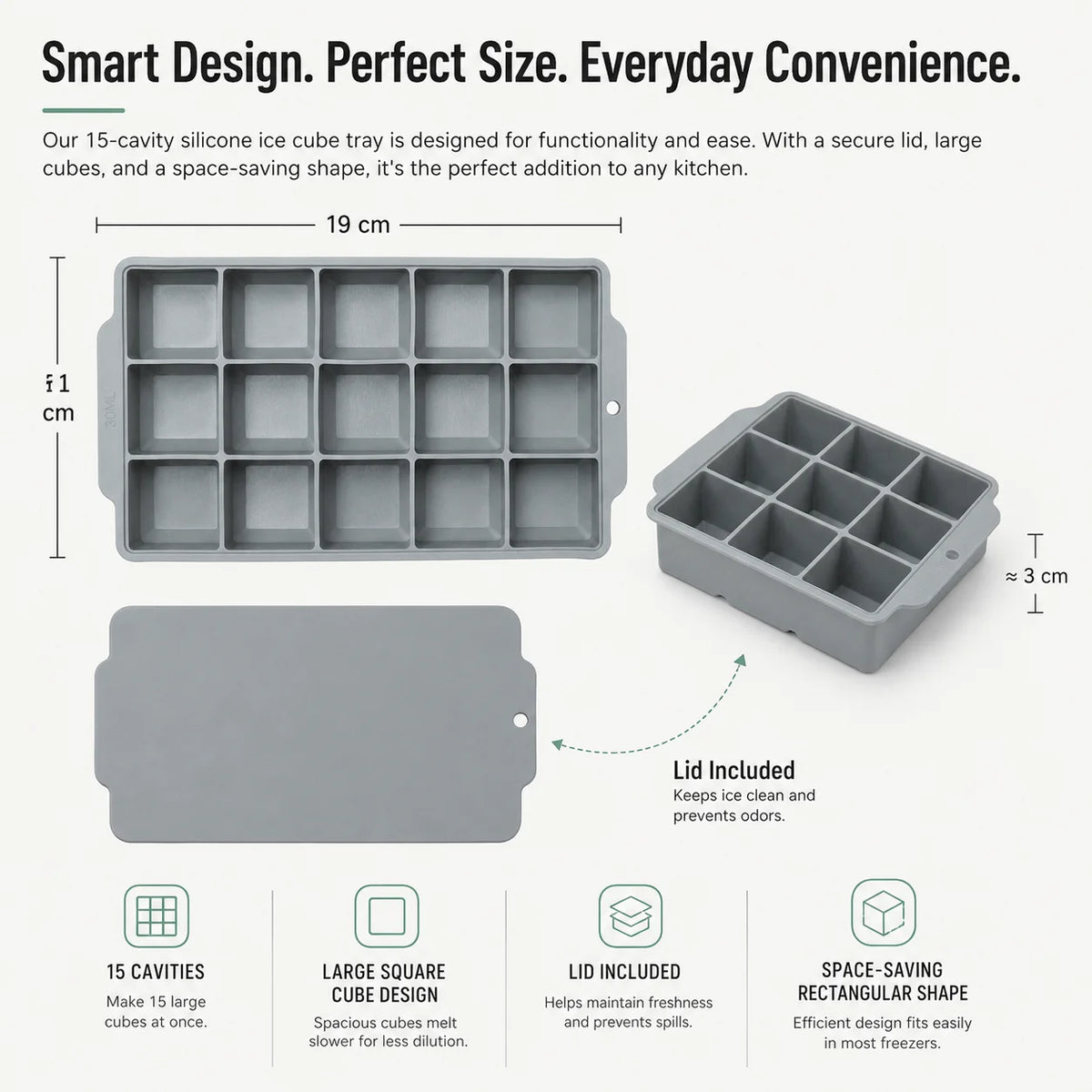 15-Grid Silicone Ice Cube Tray with Lid | Large Square Ice Mold Silicone Ice Cube Tray Axl
