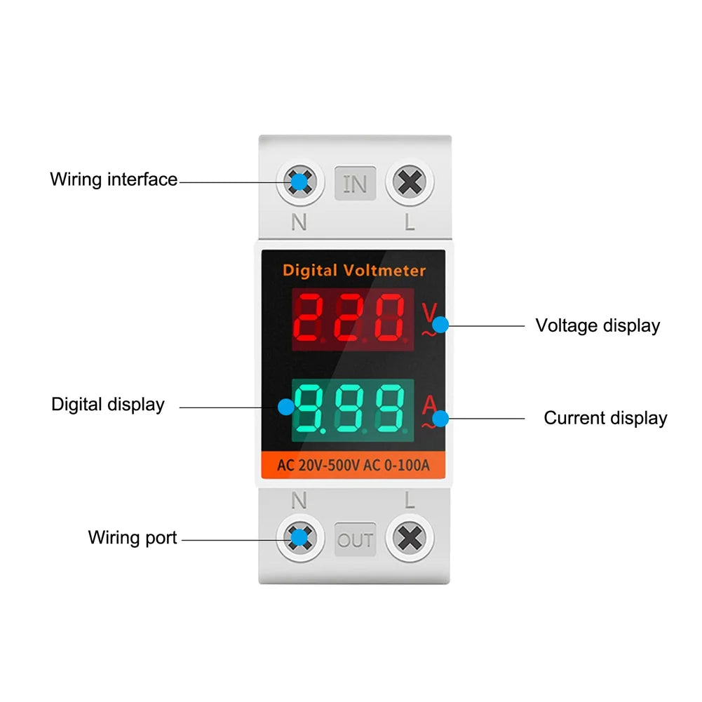 AC Ammeter & Voltmeter DIN Rail Digital Display 20-500V 100A Digital Panel Meter Axl