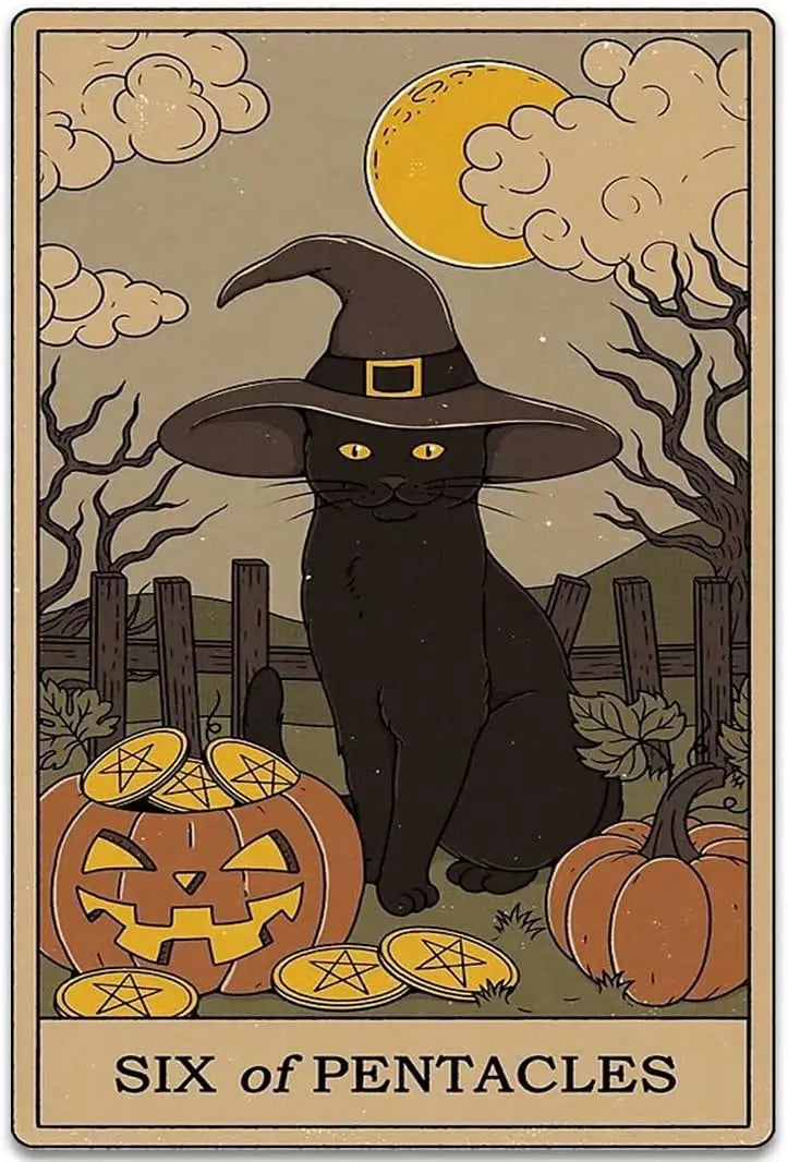 Six of Pentacles Black Cat Tarot Tin Sign | Retro Metal Wall Art Metal Wall Sign Axl aluminum sign aluminum 14x20cm